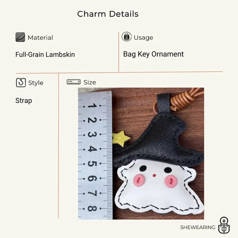 Whimsical Ghostie Leather Bag Charm – Full - Grain Lambskin | Halloween - Inspired Ornament | Cute Backpack & Key Accessory - shewearing