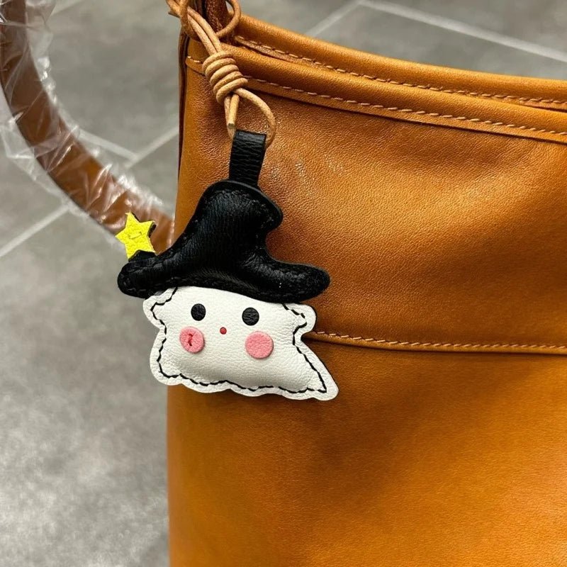 Whimsical Ghostie Leather Bag Charm – Full - Grain Lambskin | Halloween - Inspired Ornament | Cute Backpack & Key Accessory - shewearing