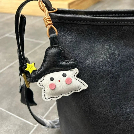 Whimsical Ghostie Leather Bag Charm – Full - Grain Lambskin | Halloween - Inspired Ornament | Cute Backpack & Key Accessory - shewearing