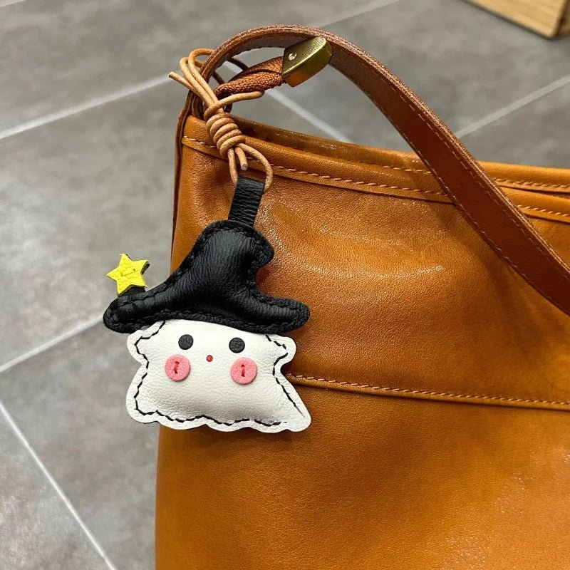 Whimsical Ghostie Leather Bag Charm – Full - Grain Lambskin | Halloween - Inspired Ornament | Cute Backpack & Key Accessory - shewearing