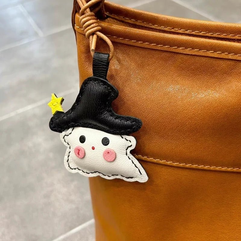Whimsical Ghostie Leather Bag Charm – Full - Grain Lambskin | Halloween - Inspired Ornament | Cute Backpack & Key Accessory - shewearing