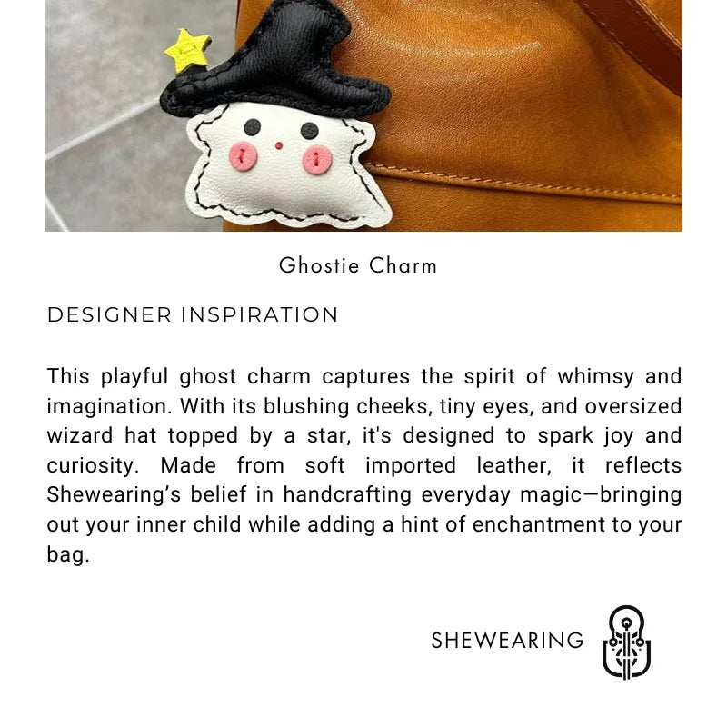 Whimsical Ghostie Leather Bag Charm – Full - Grain Lambskin | Halloween - Inspired Ornament | Cute Backpack & Key Accessory - shewearing