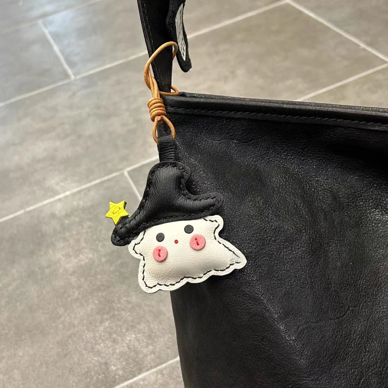 Whimsical Ghostie Leather Bag Charm – Full - Grain Lambskin | Halloween - Inspired Ornament | Cute Backpack & Key Accessory - shewearing