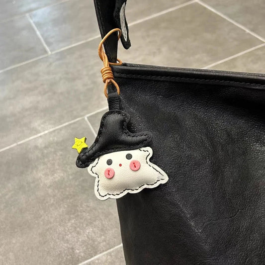 Whimsical Ghostie Leather Bag Charm – Full - Grain Lambskin | Halloween - Inspired Ornament | Cute Backpack & Key Accessory - shewearing