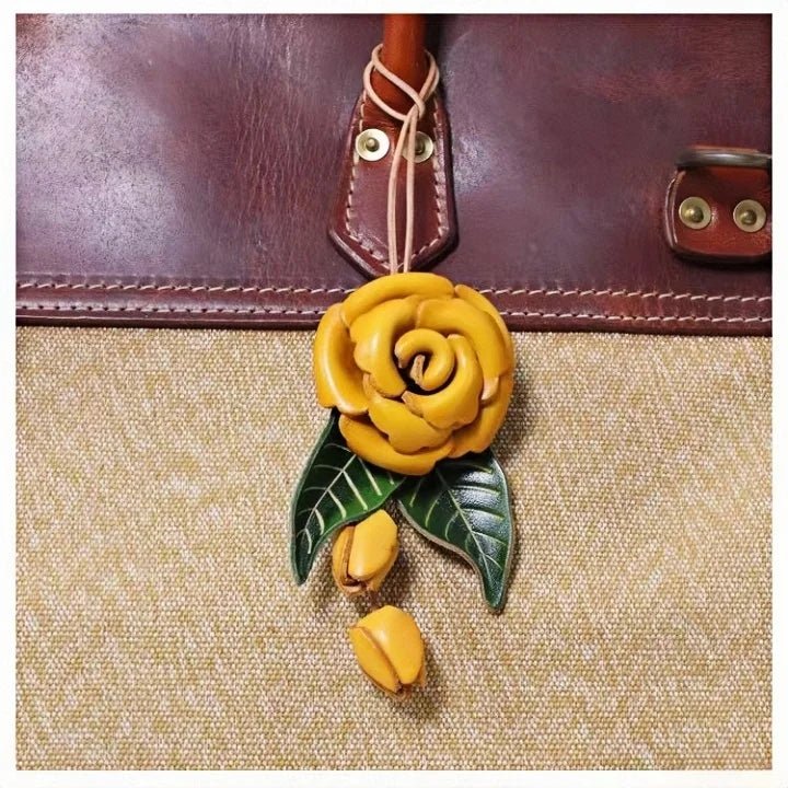 Yellow Rose Leather Bag Charm – Handmade Full - Grain Cowhide Floral Pendant | Hand - Polished Accessory for Tote & Purse Decoration - shewearing