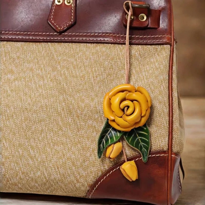 Yellow Rose Leather Bag Charm – Handmade Full - Grain Cowhide Floral Pendant | Hand - Polished Accessory for Tote & Purse Decoration - shewearing