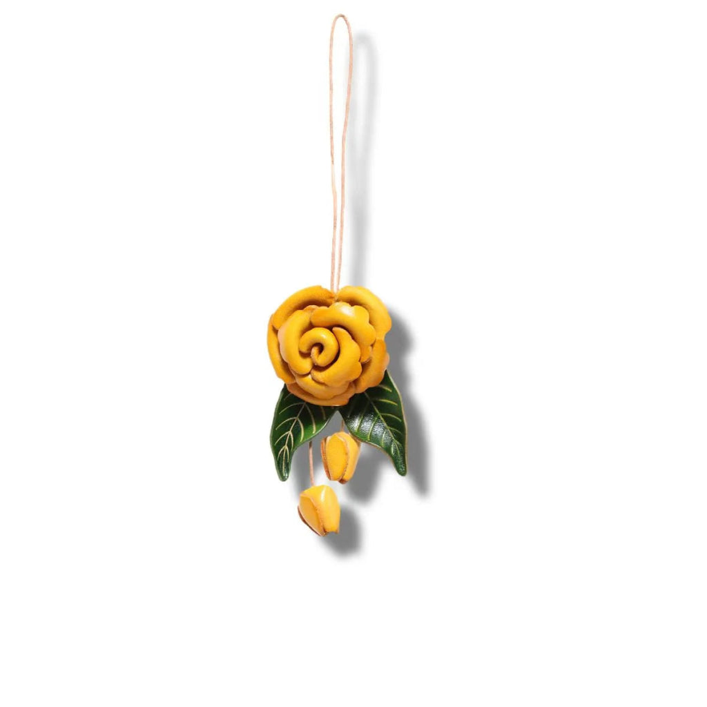 Yellow Rose Leather Bag Charm – Handmade Full - Grain Cowhide Floral Pendant | Hand - Polished Accessory for Tote & Purse Decoration - shewearing