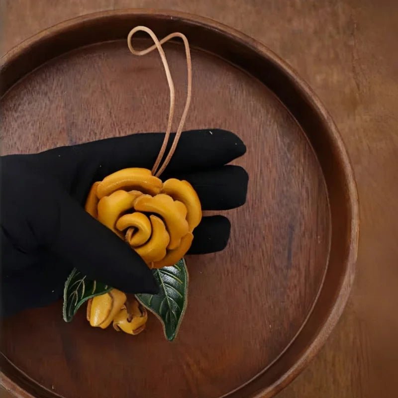 Yellow Rose Leather Bag Charm – Handmade Full - Grain Cowhide Floral Pendant | Hand - Polished Accessory for Tote & Purse Decoration - shewearing