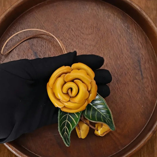 Yellow Rose Leather Bag Charm – Handmade Full - Grain Cowhide Floral Pendant | Hand - Polished Accessory for Tote & Purse Decoration - shewearing