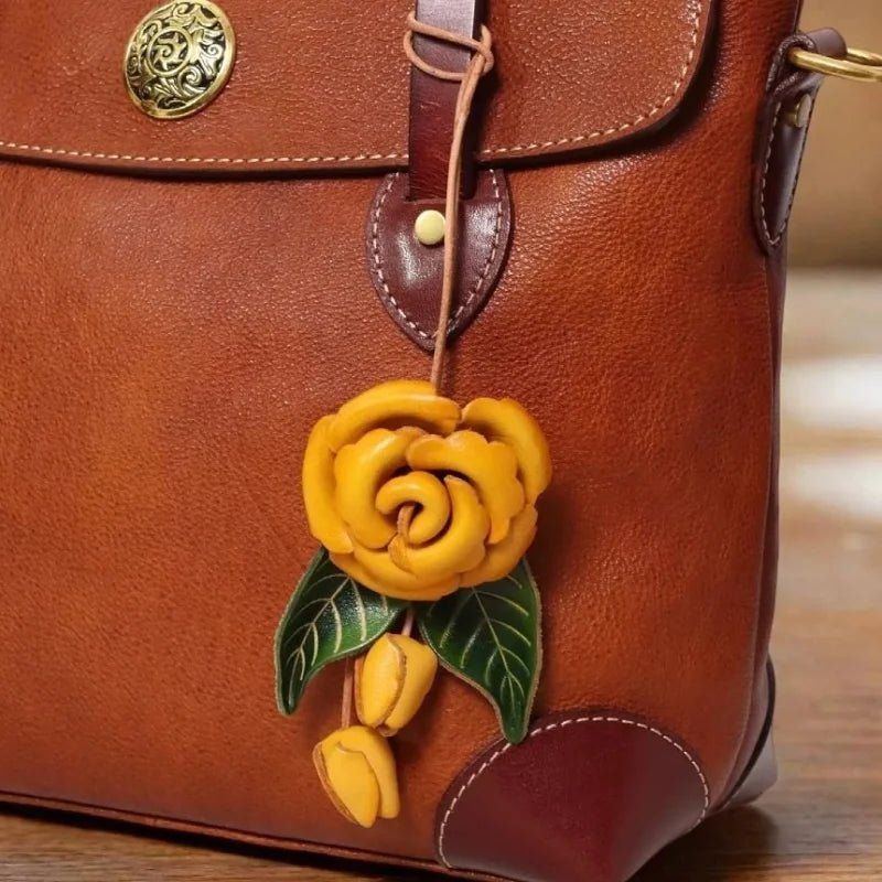 Yellow Rose Leather Bag Charm – Handmade Full - Grain Cowhide Floral Pendant | Hand - Polished Accessory for Tote & Purse Decoration - shewearing