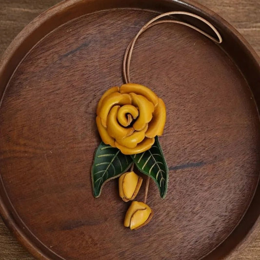 Yellow Rose Leather Bag Charm – Handmade Full - Grain Cowhide Floral Pendant | Hand - Polished Accessory for Tote & Purse Decoration - shewearing